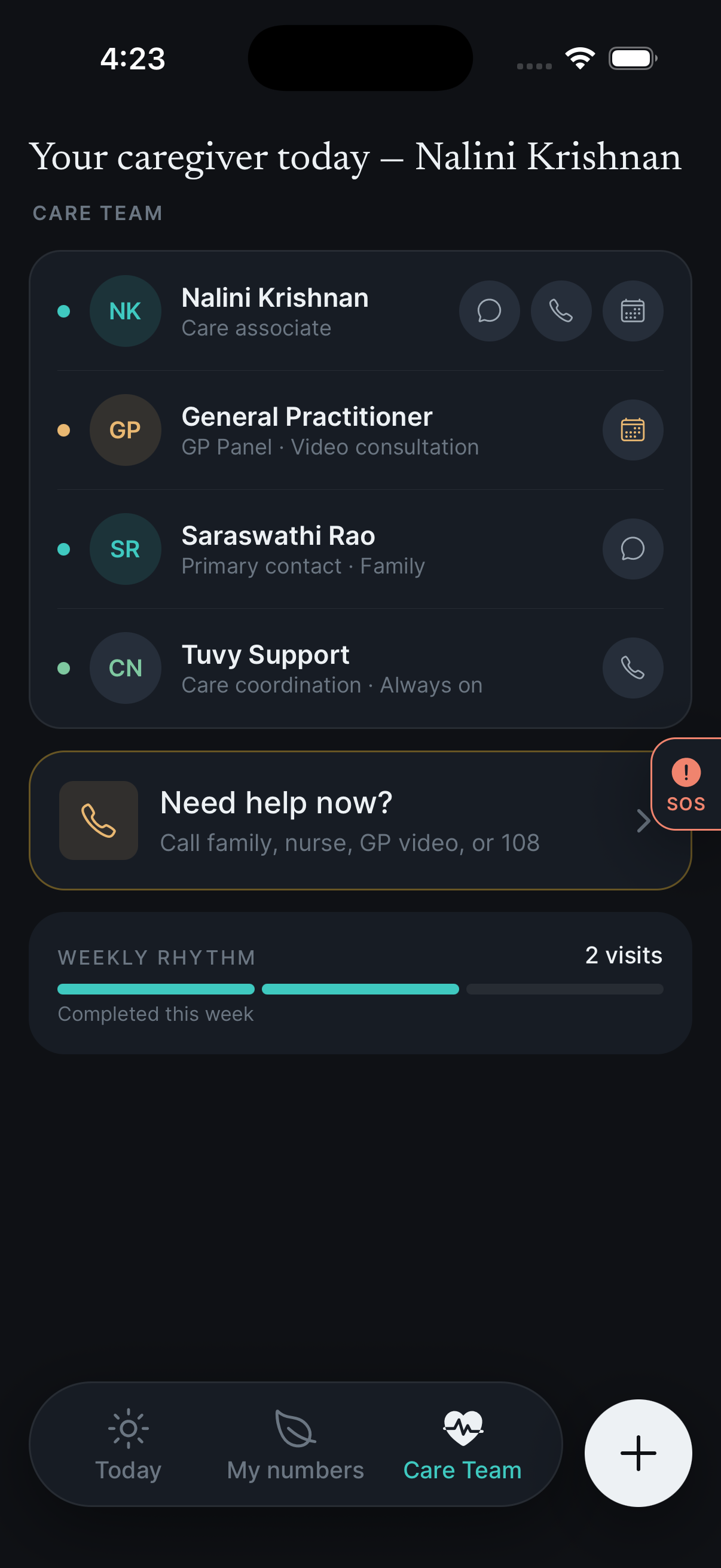 The Tuvy app's Care Team screen listing the care associate, the GP panel, the family's primary contact and Tuvy support, each with its own contact action.