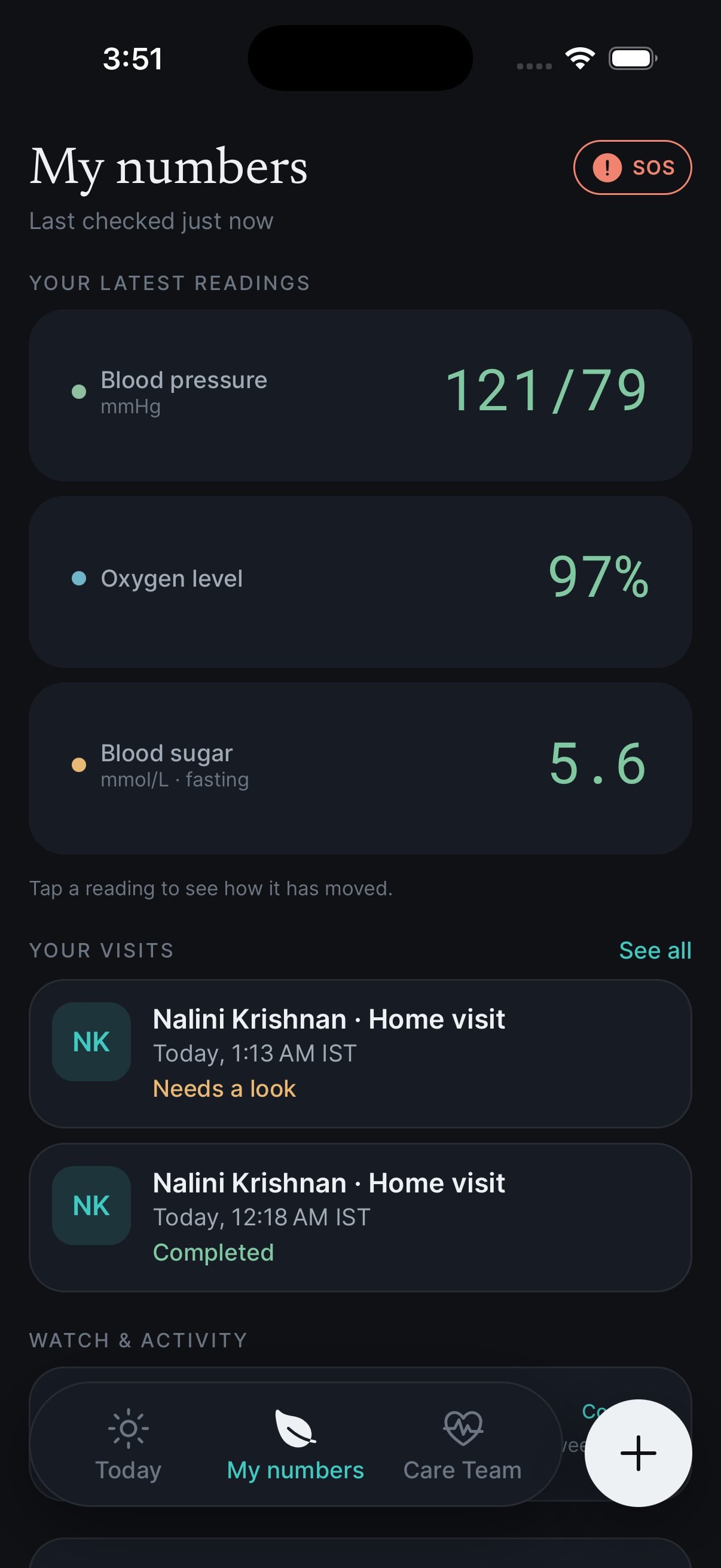The Tuvy app showing a care recipient's latest readings — blood pressure 121/79, oxygen 97%, blood sugar 5.6 — above a list of recent home visits.