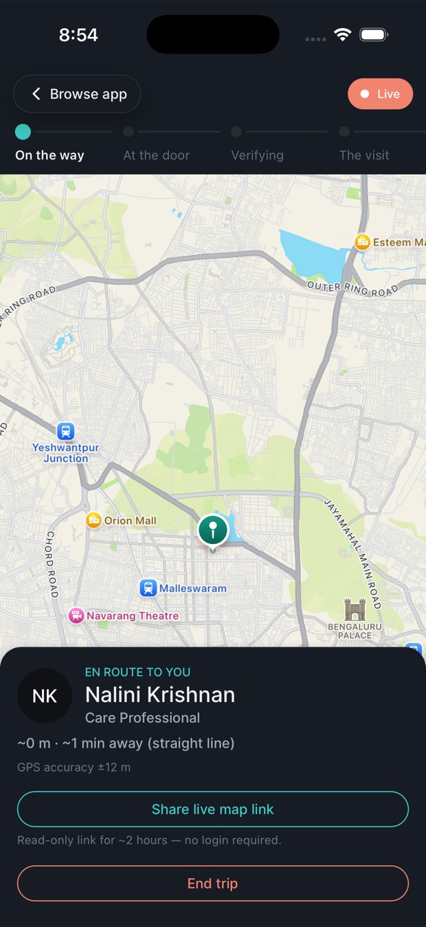 The family's app at the same moment: "En route to you — Nalini Krishnan, Care Professional, ~1 min away", over the same map, with a shareable read-only link.