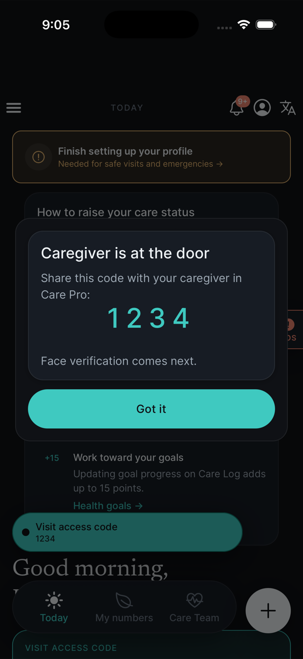 The family's app: "Caregiver is at the door — share this code with your caregiver in Care Pro", showing a four-digit code.