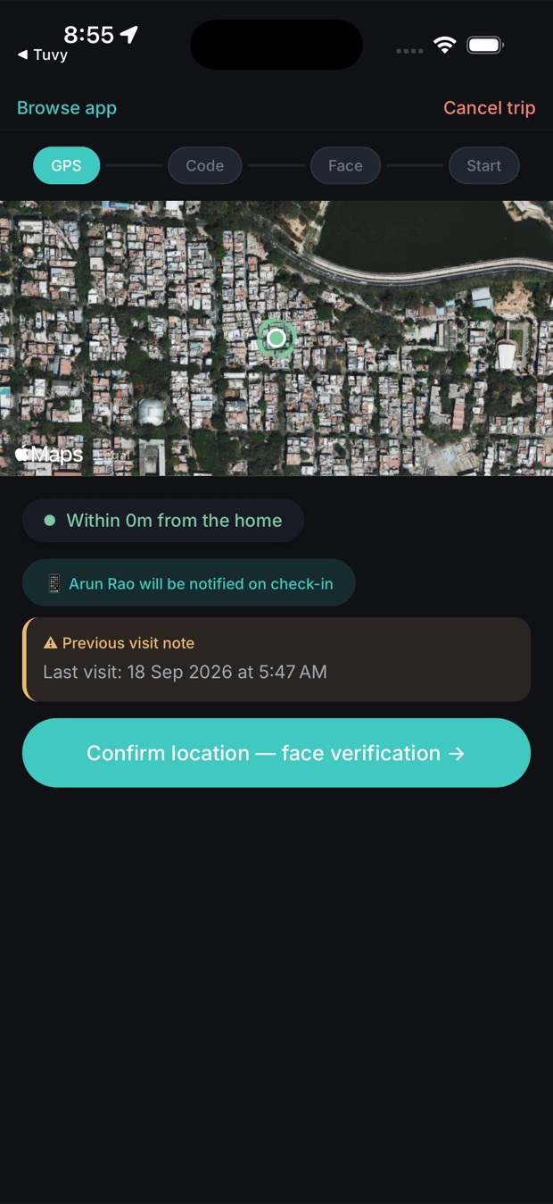 Geofence check-in: a satellite view pinned on the patient's home, reading "Within 0m from the home" and naming the family contact who will be notified.